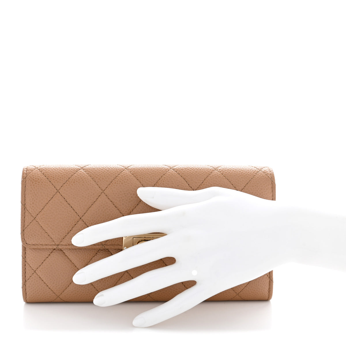 Caviar Quilted Large Golden Class Gusset Flap Wallet Beige
