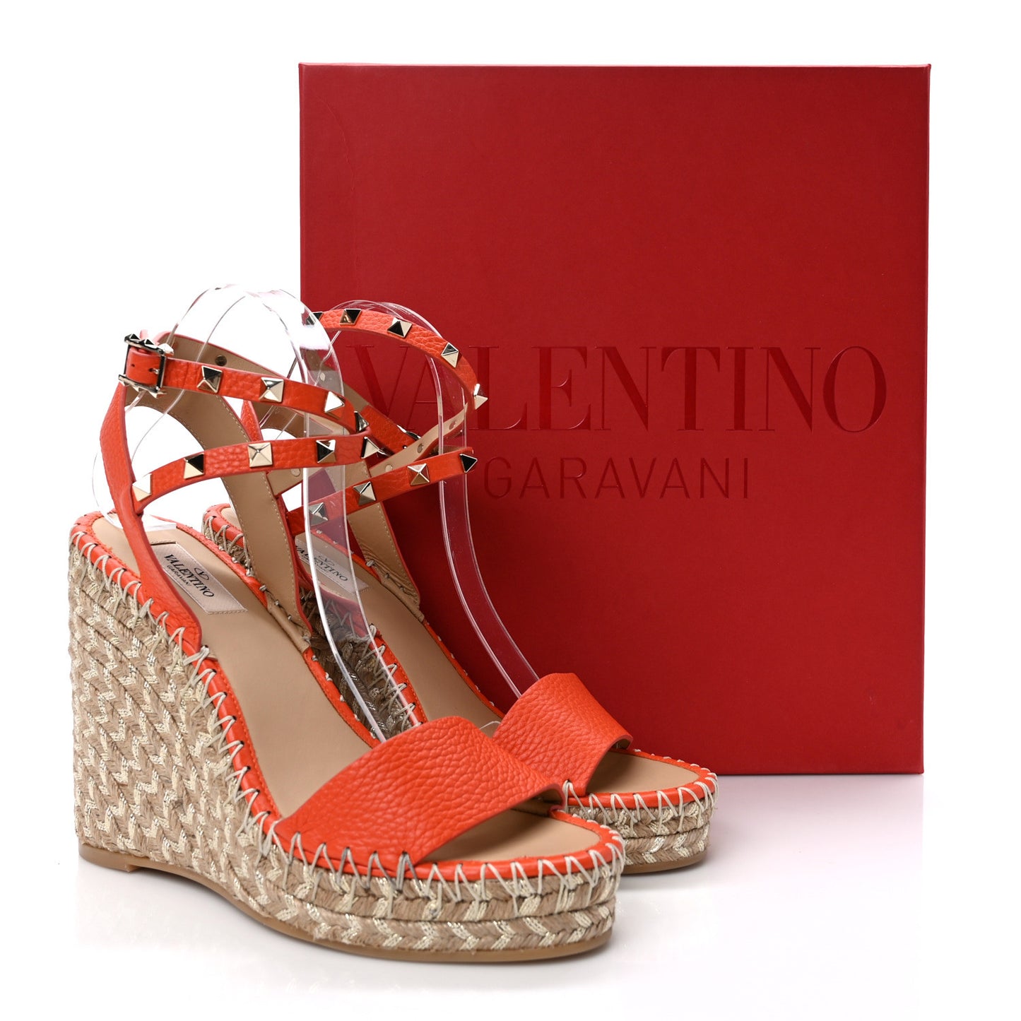Grained Calfskin Rockstud Ankle Strap Espadrille 15/105mm Wedge Sandals 39 Titian Natural