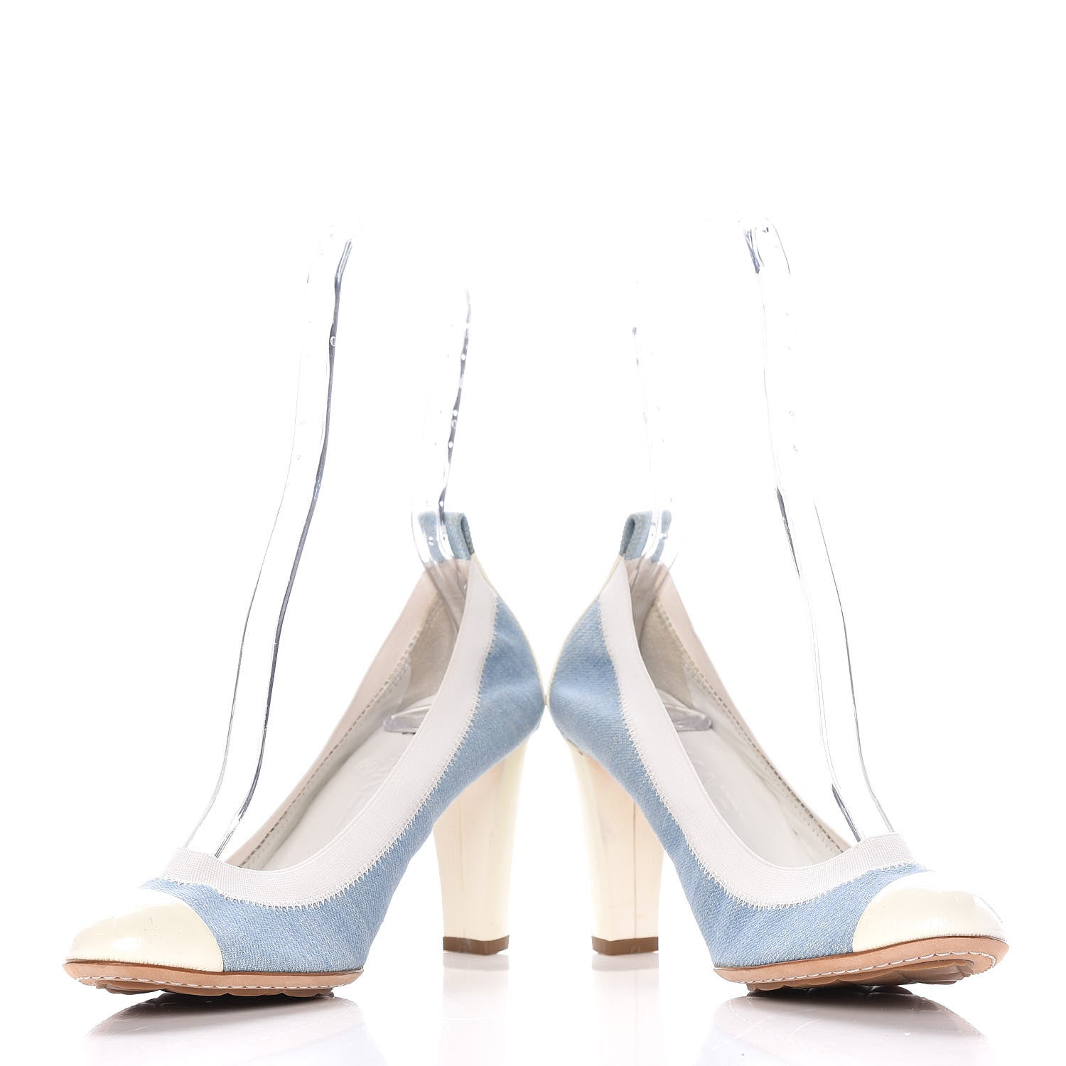Chanel Denim Patent CC Elastic Stretch Pumps 37.5 Blue White 9 of 16