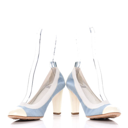 Chanel Denim Patent CC Elastic Stretch Pumps 37.5 Blue White 9 of 16