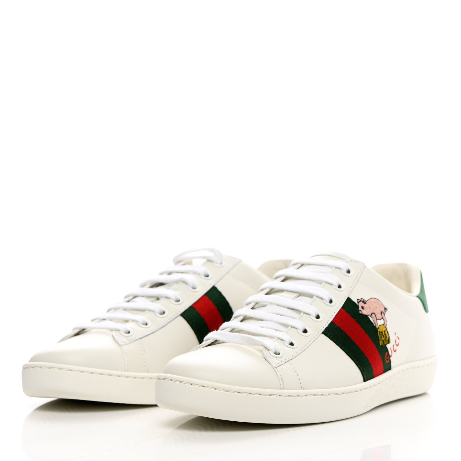 Gucci Calfskin Web Pig Kitten Embroidered Womens Ace Sneakers 37.5 White 3 of 9