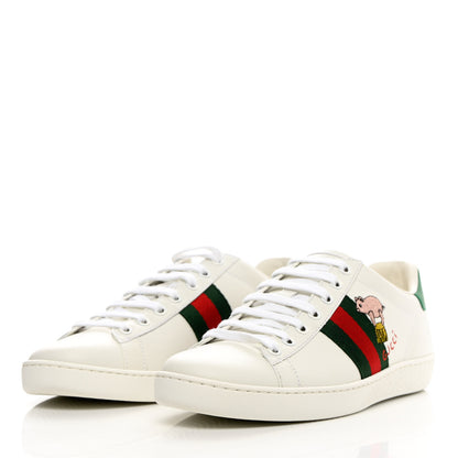 Gucci Calfskin Web Pig Kitten Embroidered Womens Ace Sneakers 37.5 White 3 of 9