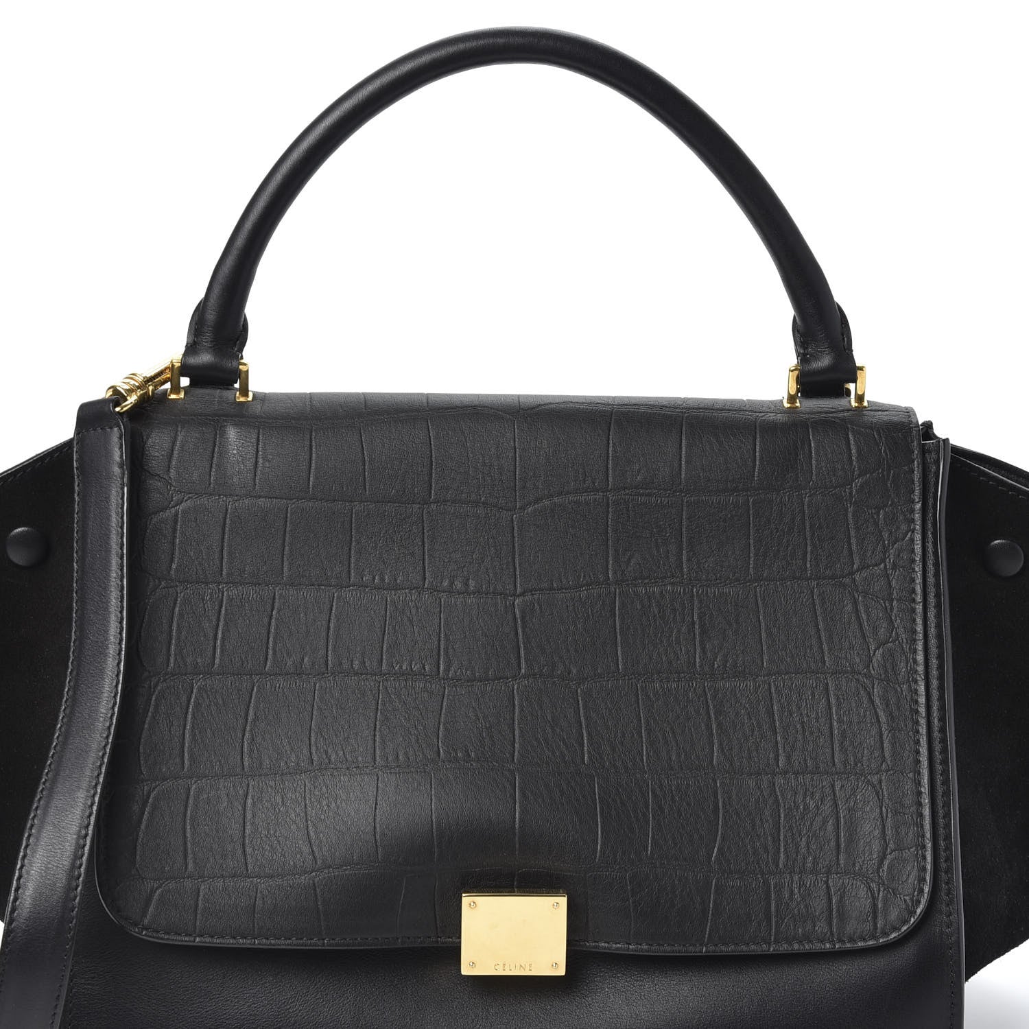 Celine Crocodile Embossed Calfskin Suede Medium Trapeze Black 7 of 8