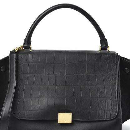 Celine Crocodile Embossed Calfskin Suede Medium Trapeze Black 7 of 8