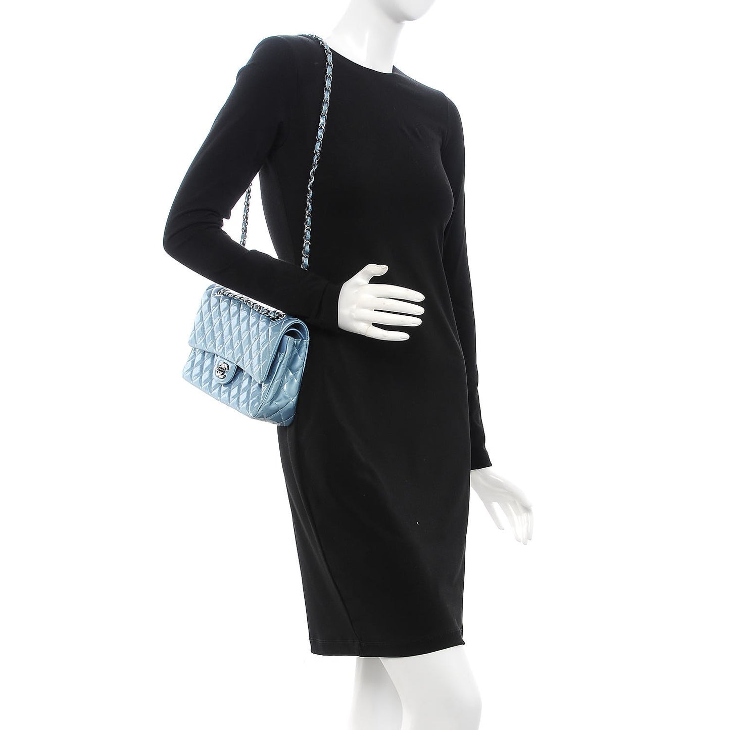 Patent Calfskin Quilted Medium Double Flap Turquoise