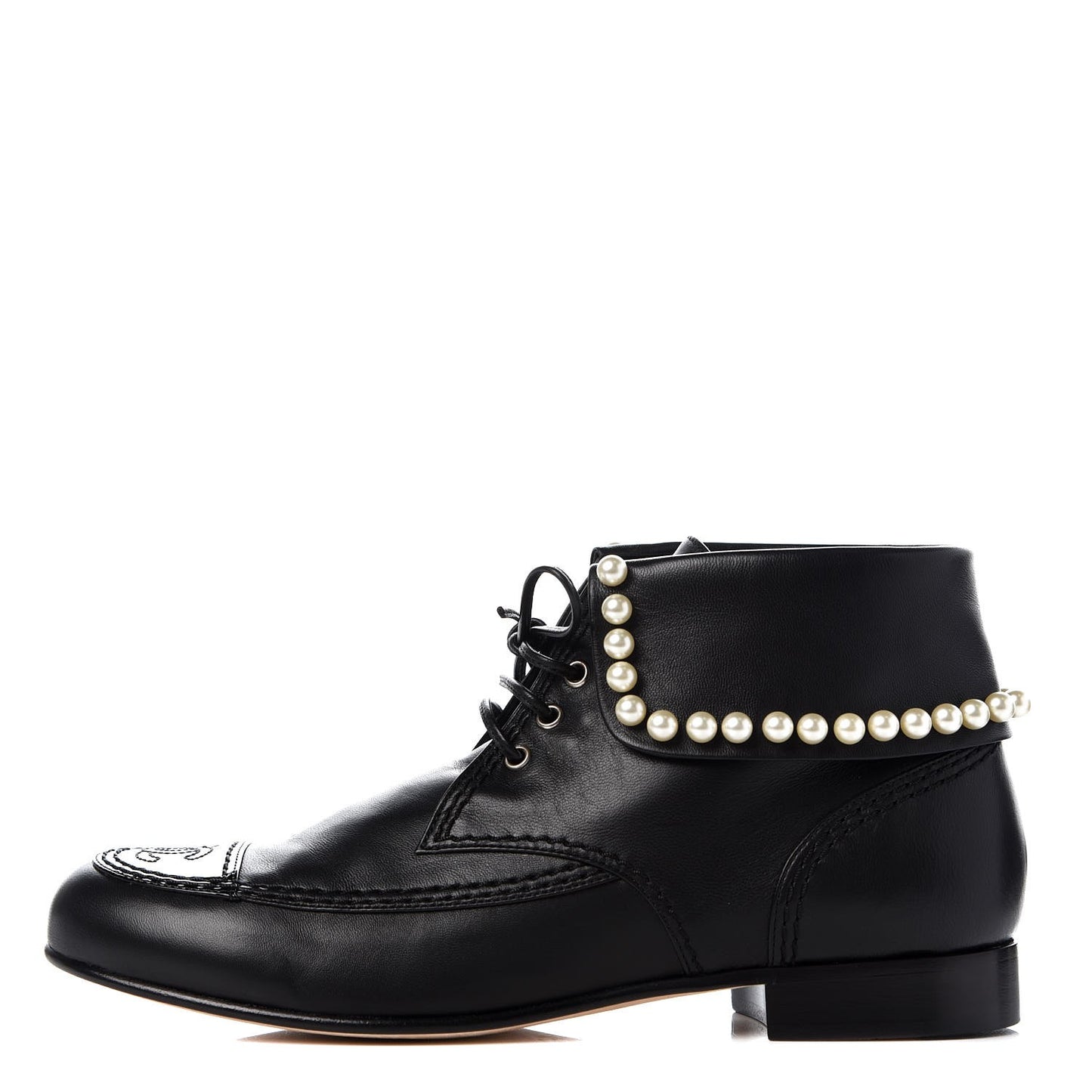 Lambskin Patent Calfskin Pearl Lace Up Boots 38 Black