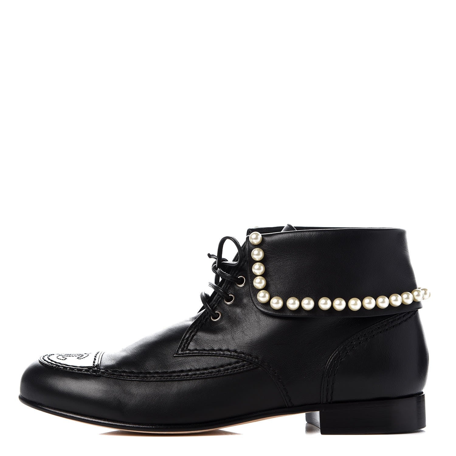 Chanel Lambskin Patent Calfskin Pearl Lace Up Boots 38 Black 1 of 9