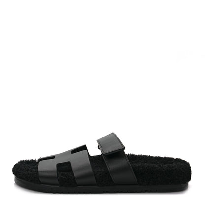 Hermes Calfskin Woolskin Womens Chypre Sandals 39 Black 1 of 8