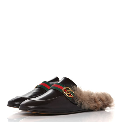 Gucci Goatskin Fur Web GG Mens Princetown Slippers 12 Cocoa 3 of 7