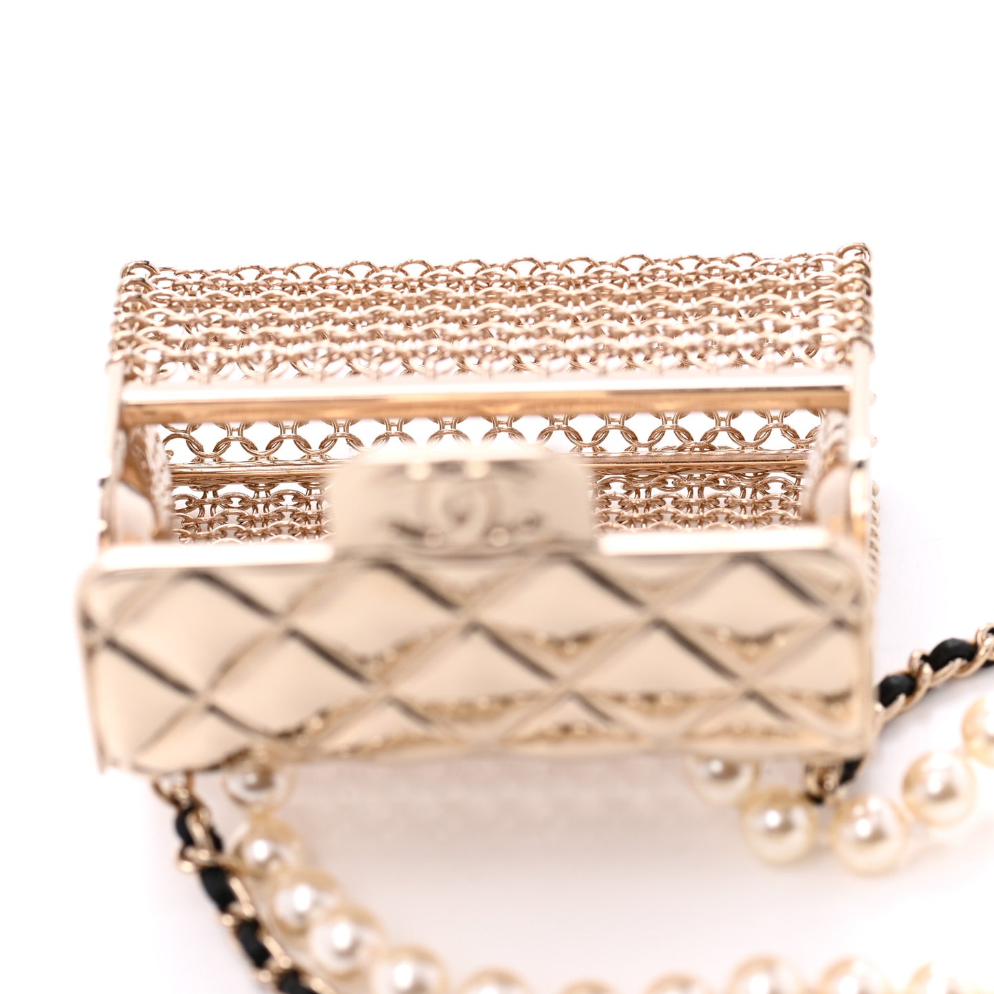 Metal Lambskin Pearl Chain Flap Bag Long Necklace Gold Black Pearly White
