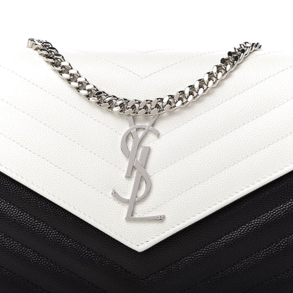 Saint Laurent Grain De Poudre Matelasse Chevron Bi-Color Monogram Chain Wallet White Black 9 of 9