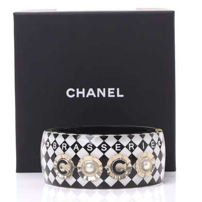 Chanel Resin Pearl Checkered CC Cuff Bangle Black 6 of 6