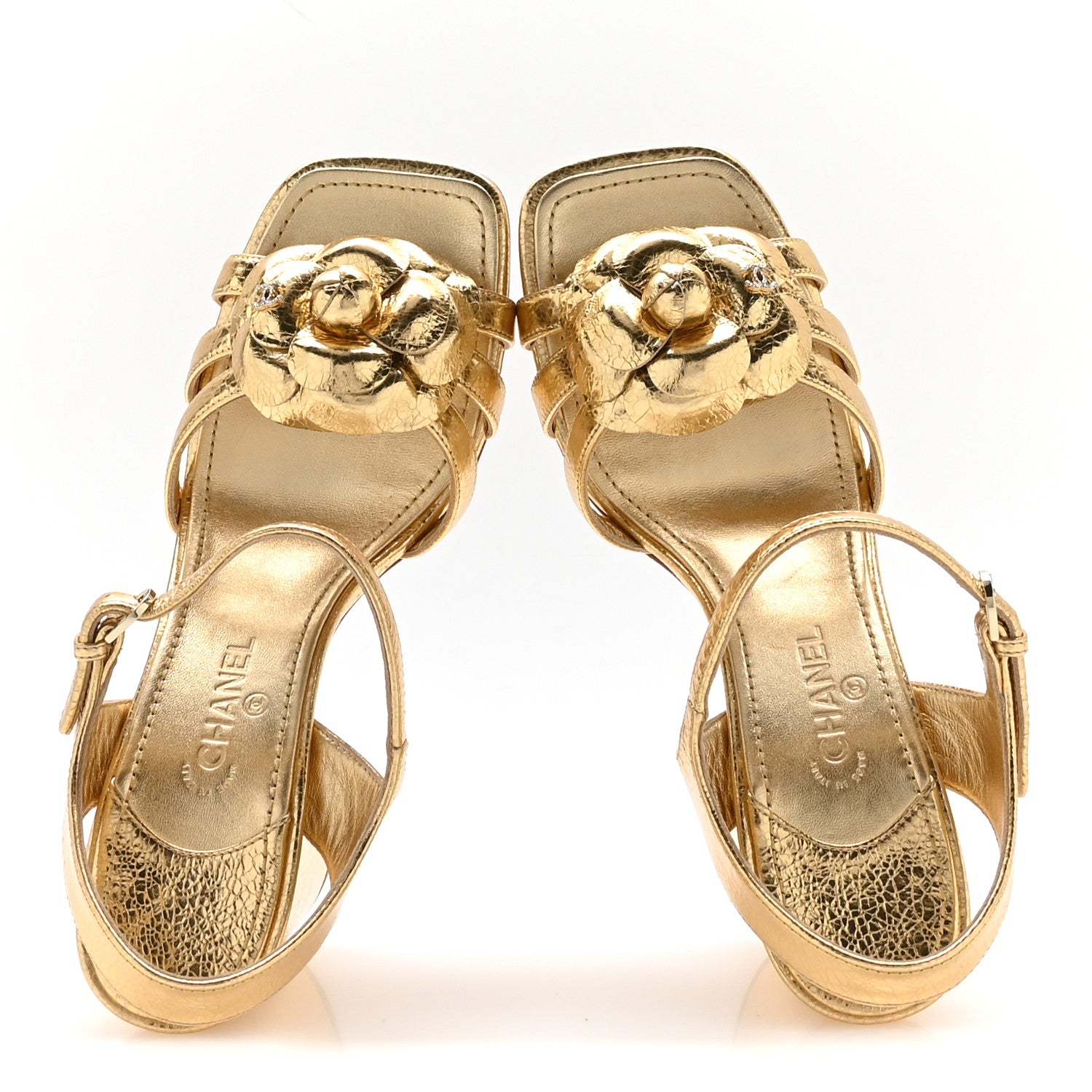 Chanel Laminated Lambskin Camellia Sandals 37.5 Gold 2 of 9