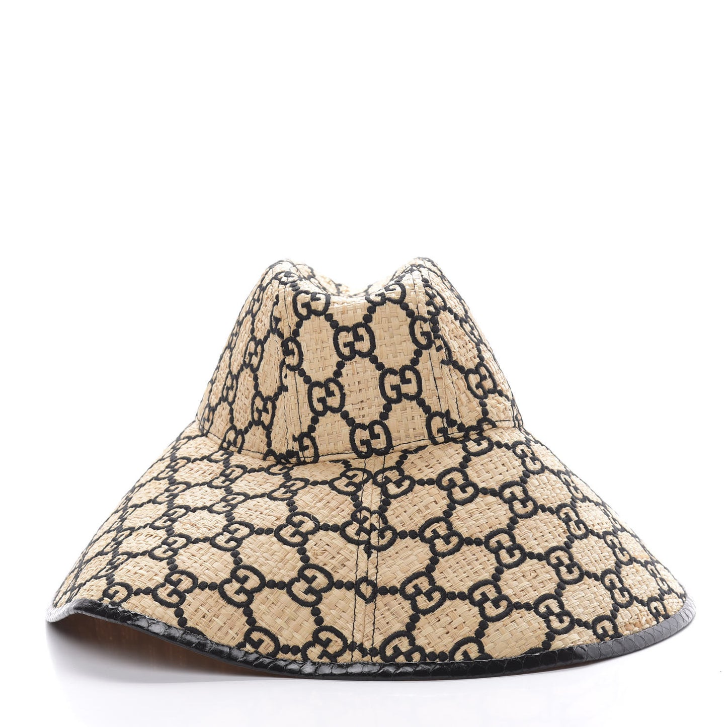 Raffia Elaphe GG Monogram Embroidered Wide Brim Hat Ivory Black