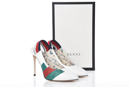 Gucci Calfskin Glitter Web High Heel Slingback Pumps 39 White 12 of 12