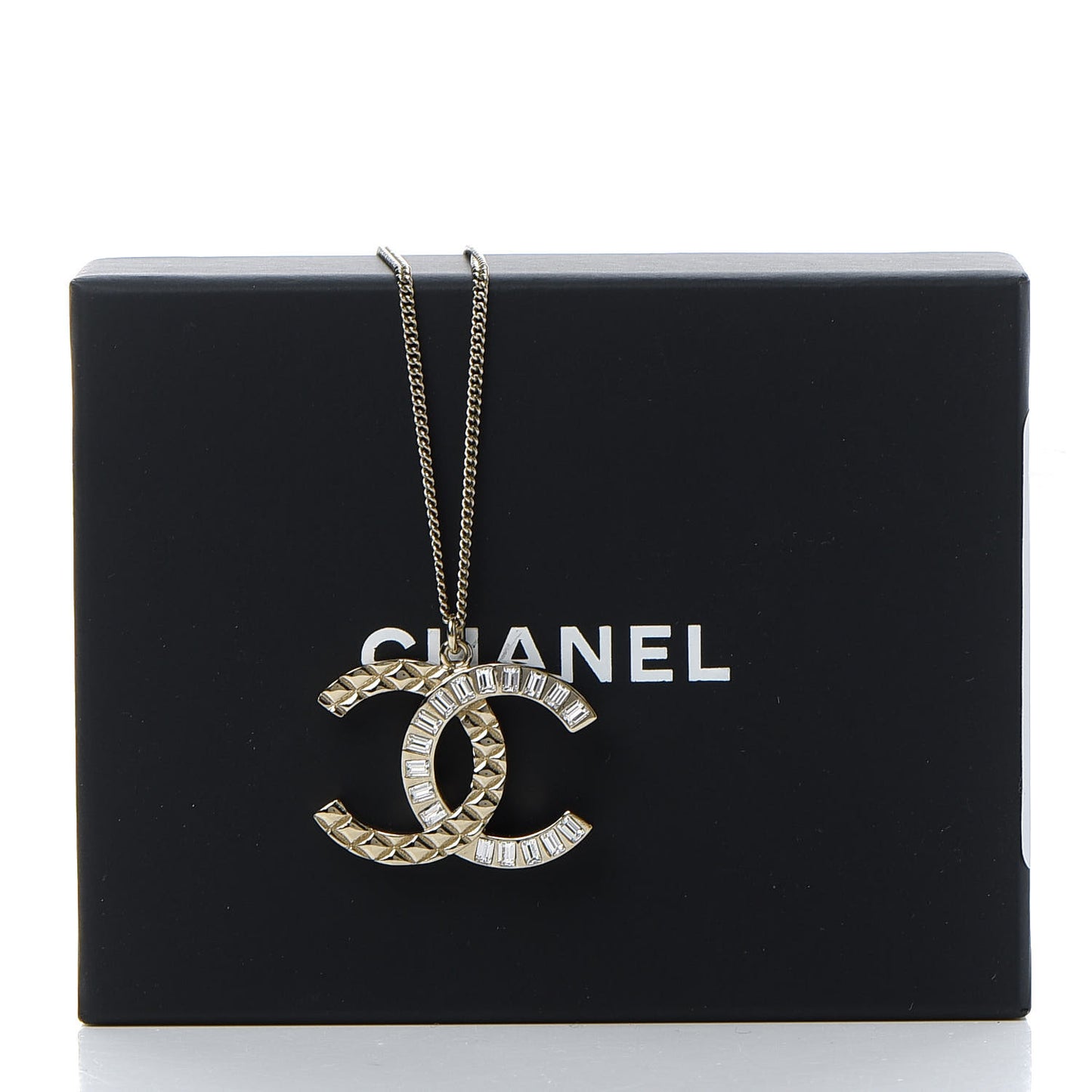 Baguette Crystal Quilted CC Pendant Necklace Gold