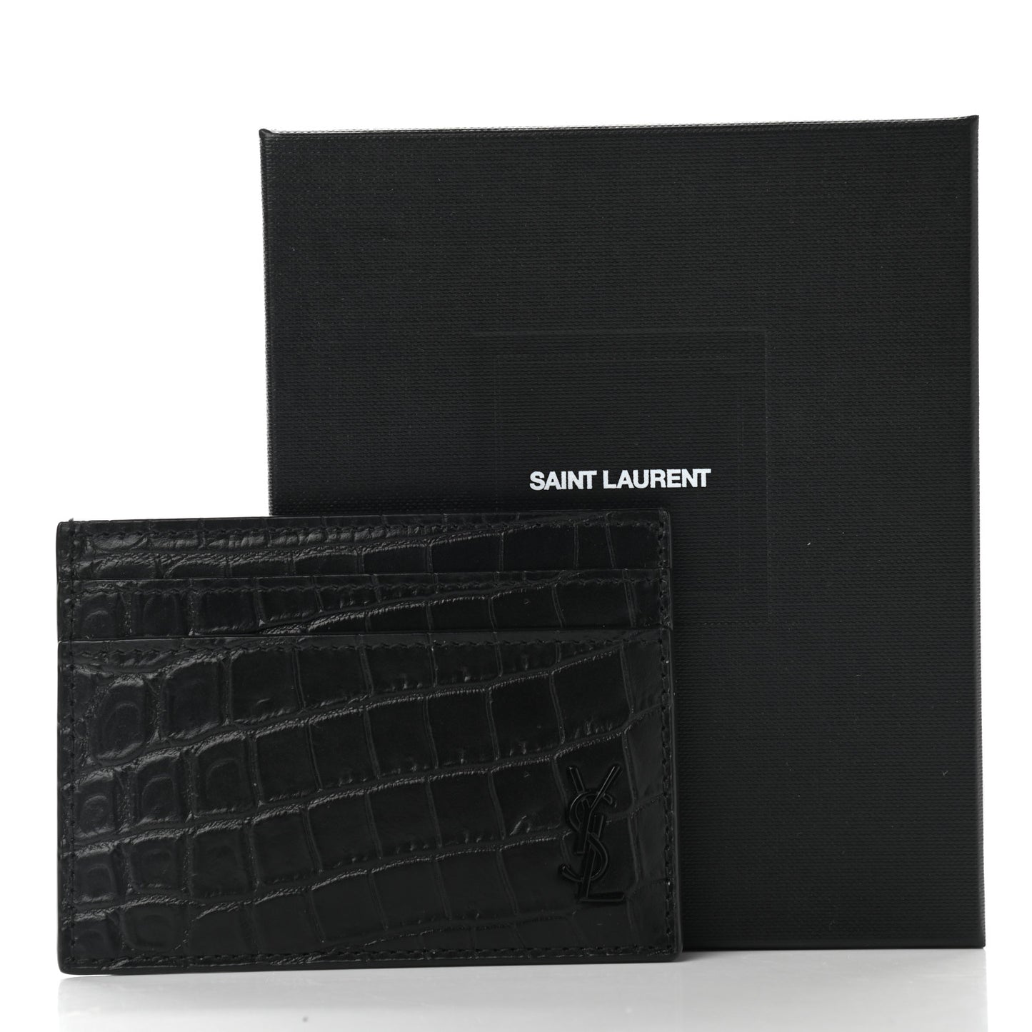 Calfskin Crocodile Embossed Monogram Tiny Cassandra Credit Card Case Black