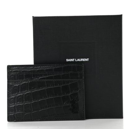 Saint Laurent Calfskin Crocodile Embossed Monogram Tiny Cassandra Credit Card Case Black 8 of 8