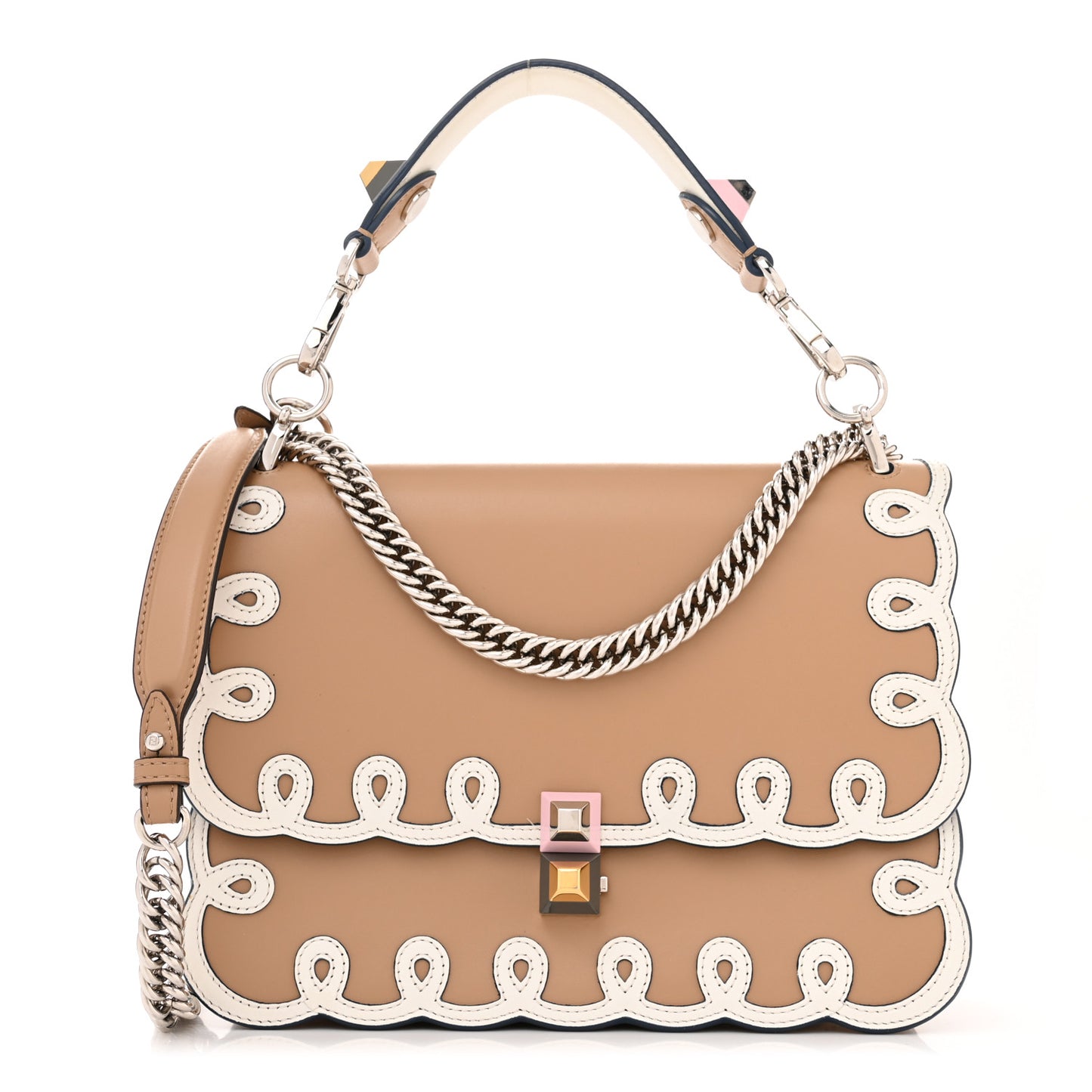 Vitello Liberty Dolce Scalloped Studded Scrollwork Kan I Shoulder Bag Cuoio White