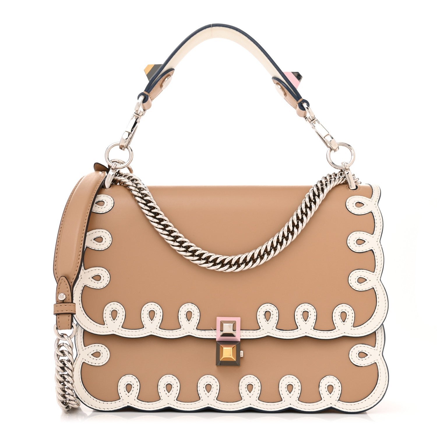 Fendi Vitello Liberty Dolce Scalloped Studded Scrollwork Kan I Shoulder Bag Cuoio White 1 of 12