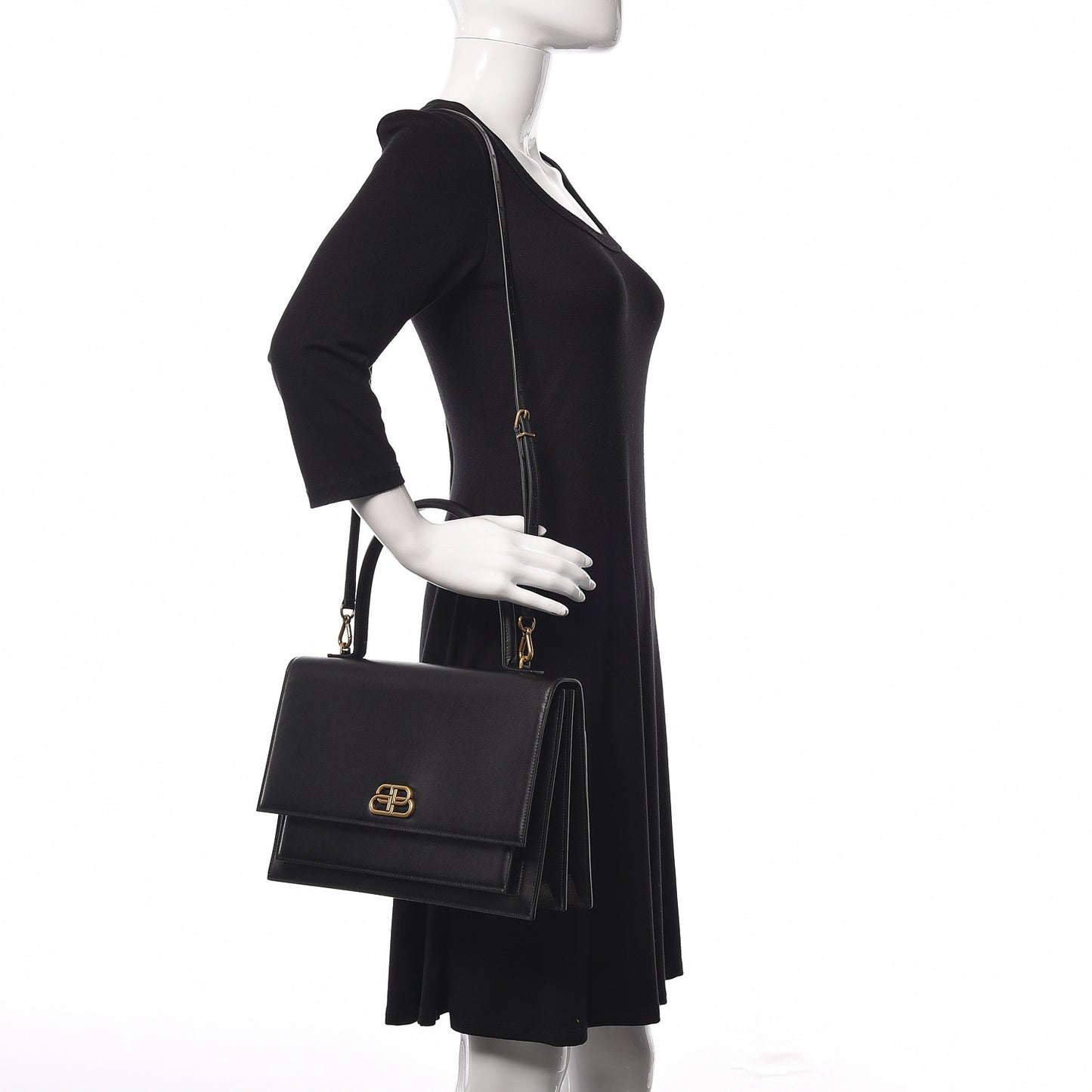 Box Calfskin Large Sharp Top Handle Bag Black