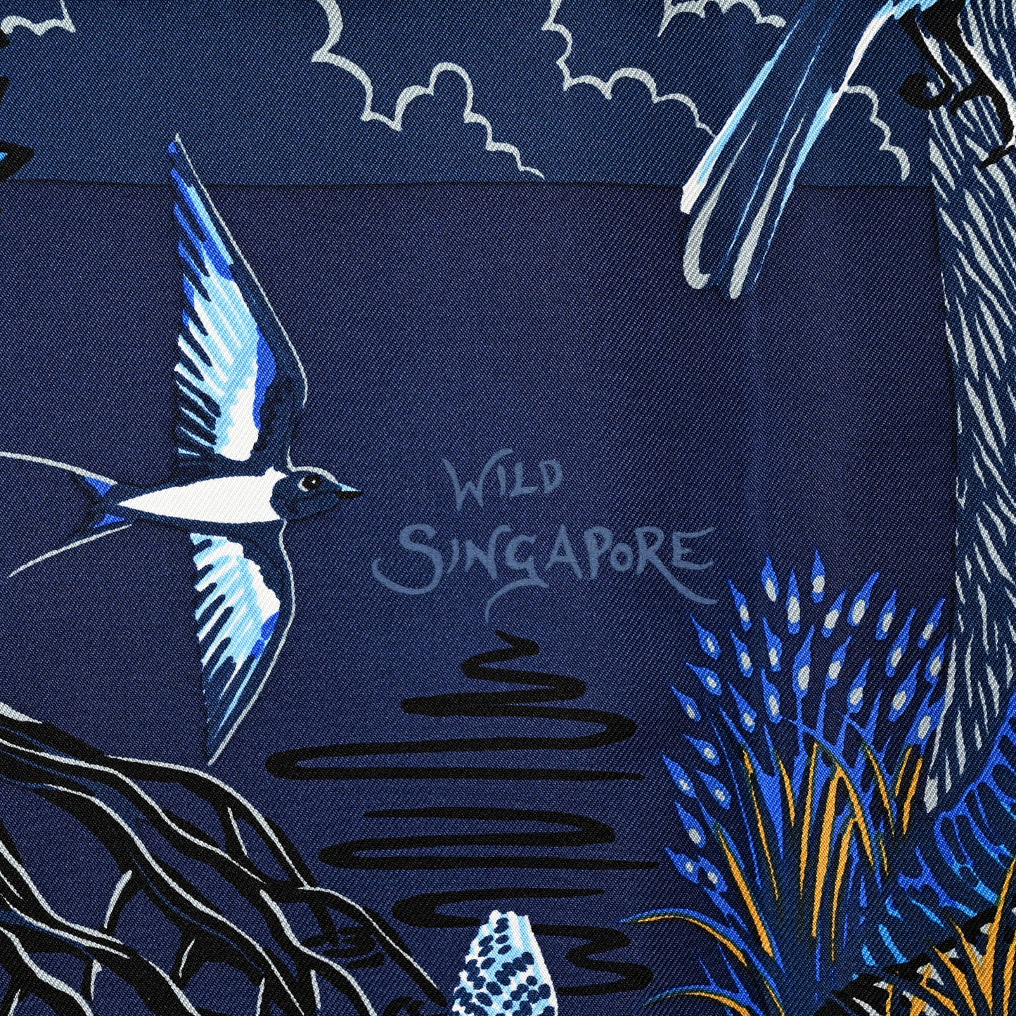 Silk Wild Singapore Scarf 90 Bleu Roy Gold Marine