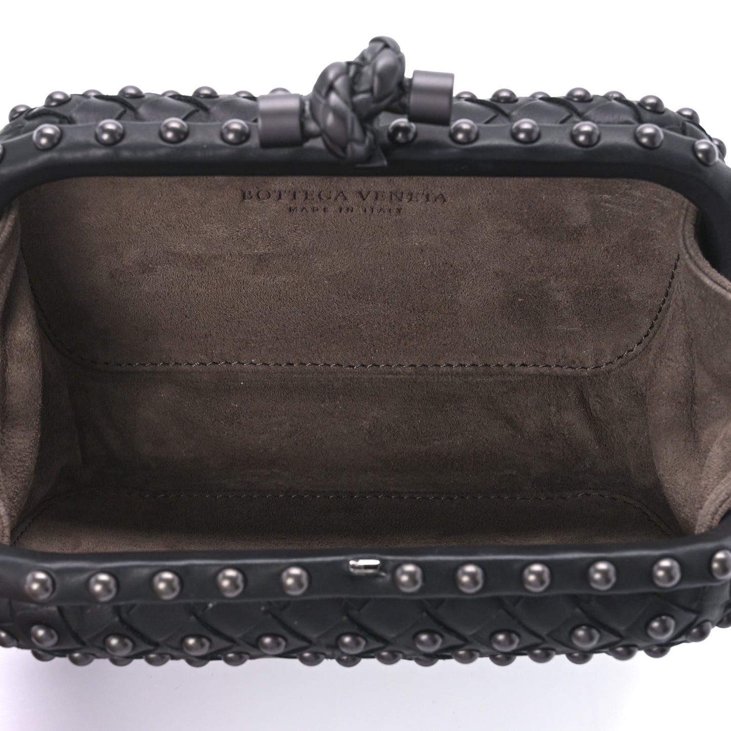 Waxy Nappa Intrecciato Knot Studded Clutch Black