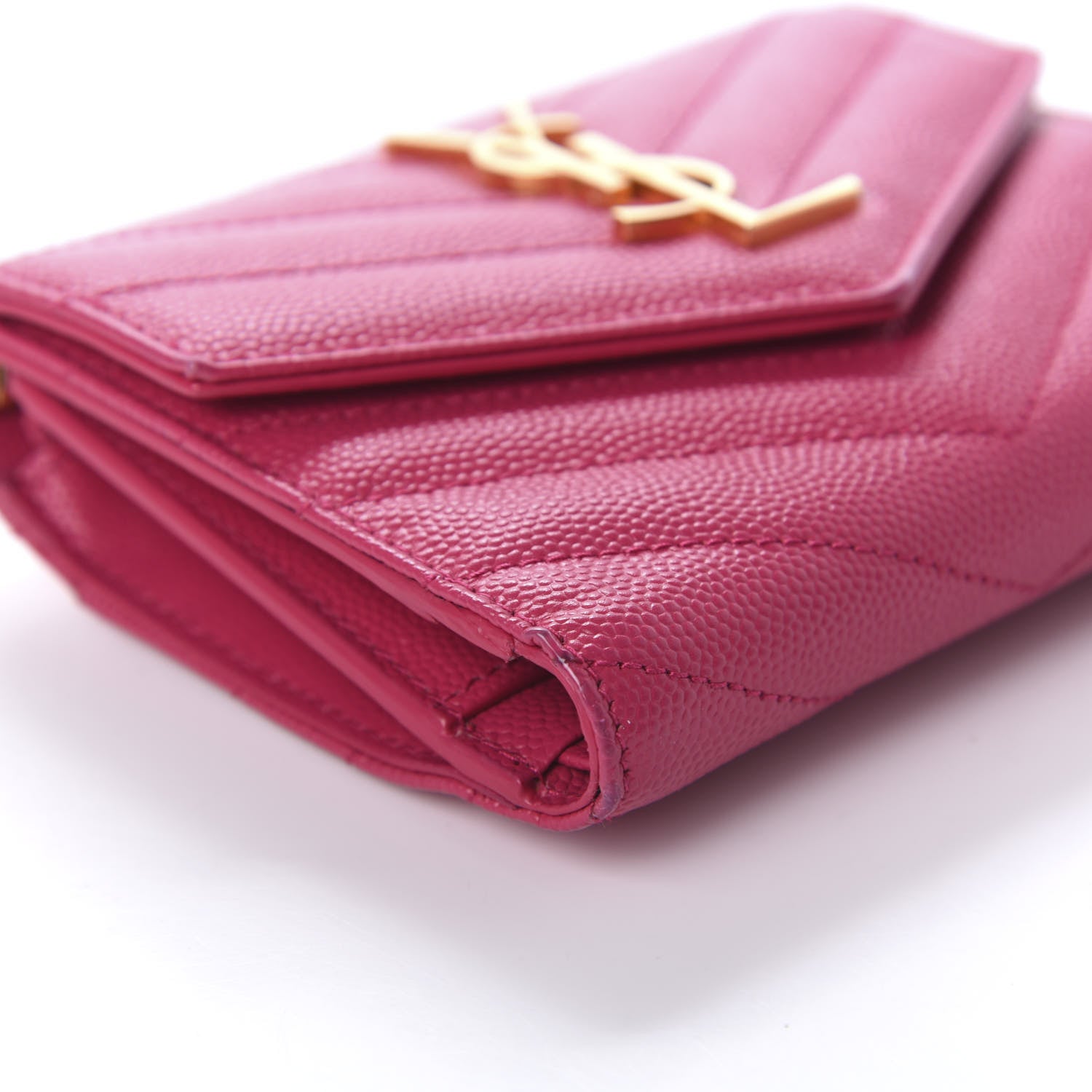 Saint Laurent Grain De Poudre Matelasse Chevron Monogram Compact Tri Fold Wallet Bright Pink 6 of 9