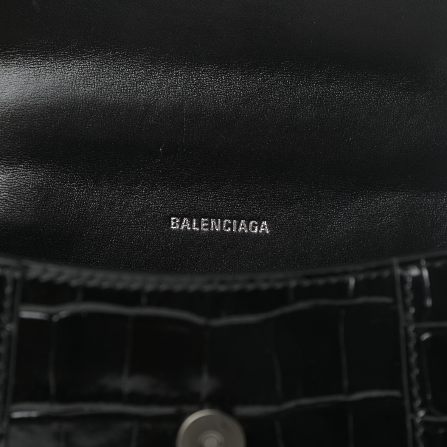 Balenciaga Shiny Calfskin Monochrome Crocodile Embossed Hourglass Top Handle Bag XS Black 6 of 8