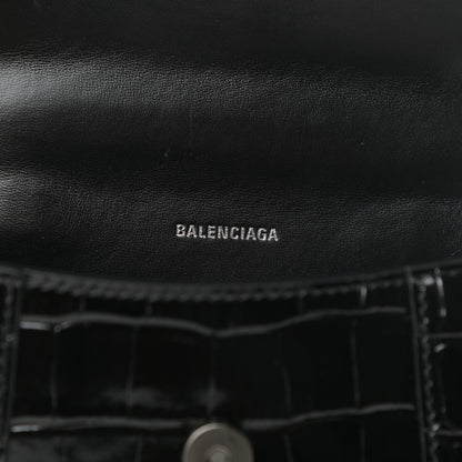 Balenciaga Shiny Calfskin Monochrome Crocodile Embossed Hourglass Top Handle Bag XS Black 6 of 8