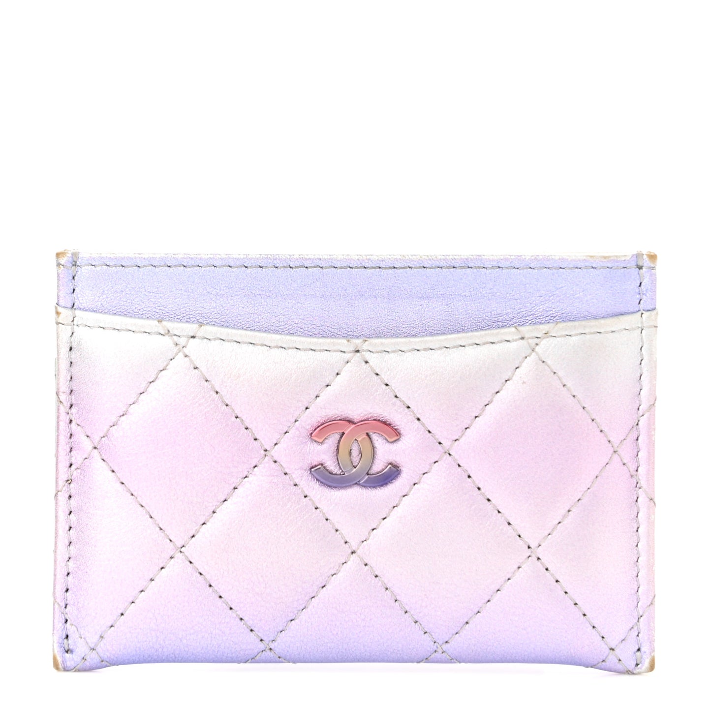 Gradient Metallic Calfskin Quilted Card Holder Silver Blue Yellow Purple