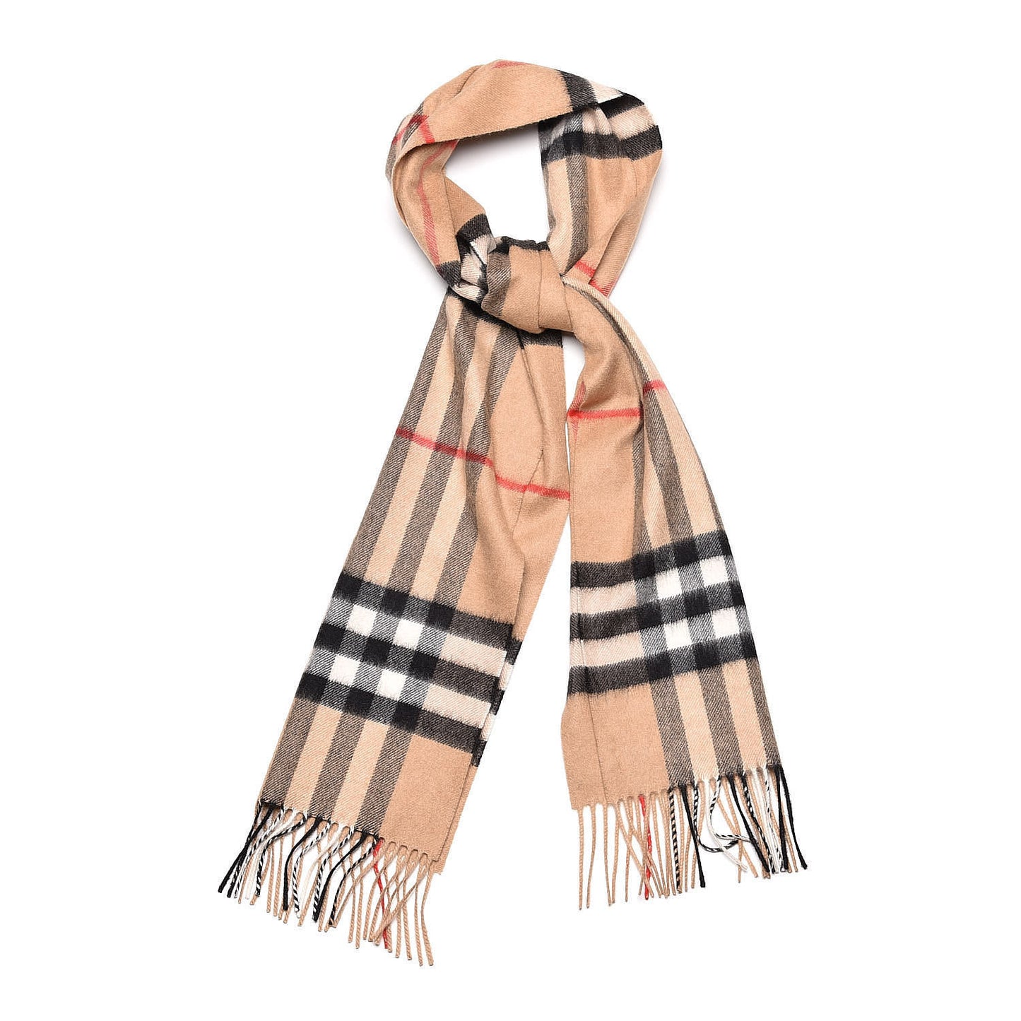 Cashmere Giant Check Fringe Scarf Camel