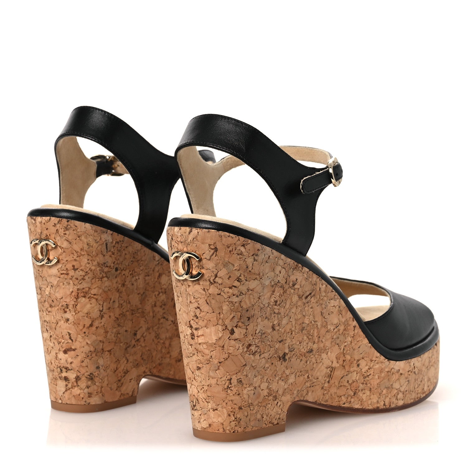 Chanel Shiny Lambskin Cork Wedge Sandals 40 Black 5 of 11