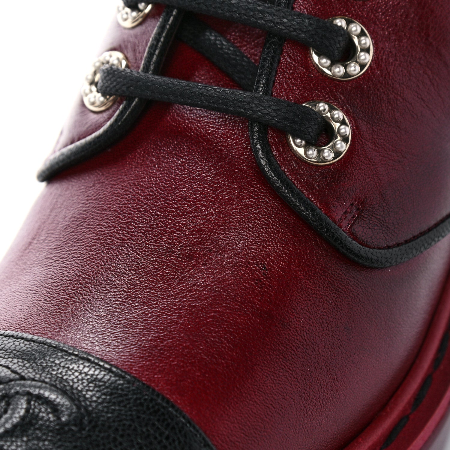 Chanel Shiny Calfskin Pearl Lace Up Combat Short Boots 35 Burgundy Black 8 of 13