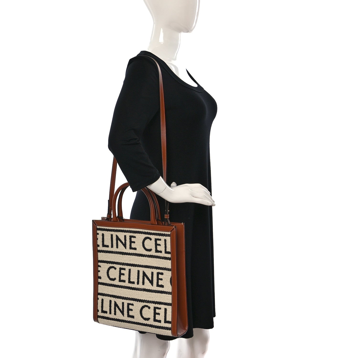 Celine All Over Textile Calfskin Small Vertical Cabas Natural Tan Black 2 of 10