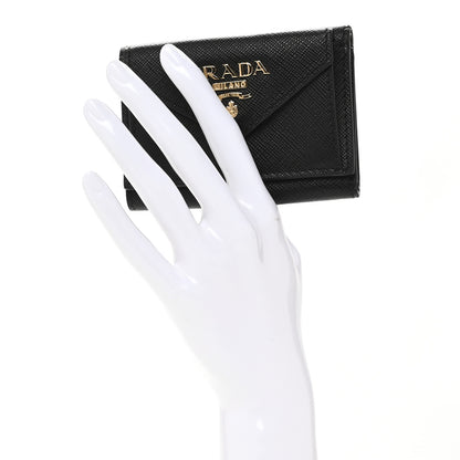 Prada Saffiano Metal Tri-Fold Envelope Card Holder Wallet Black 2 of 8