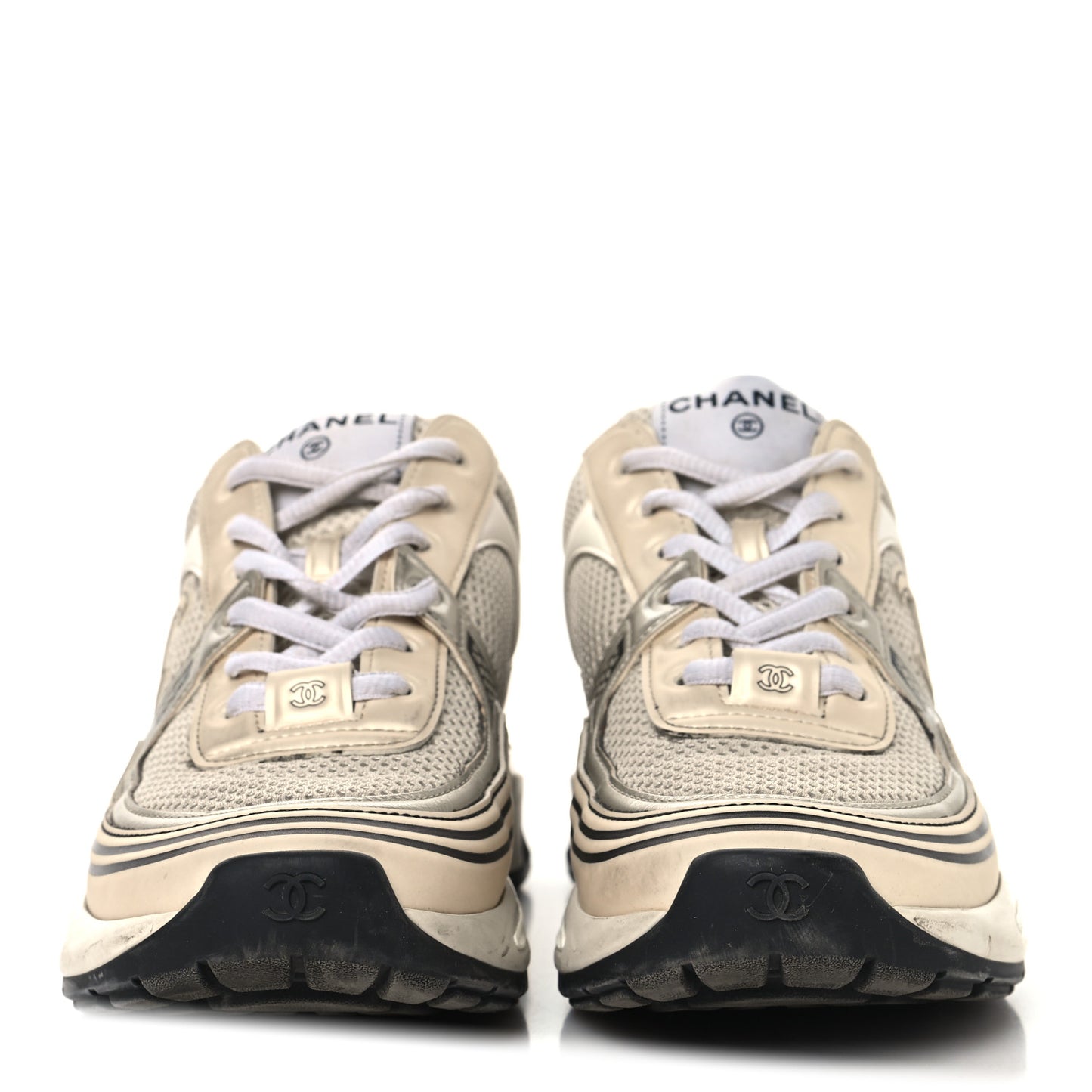 Fabric Laminated Calfskin Stretch CC Womens Sneakers 37 Ivory White Silver