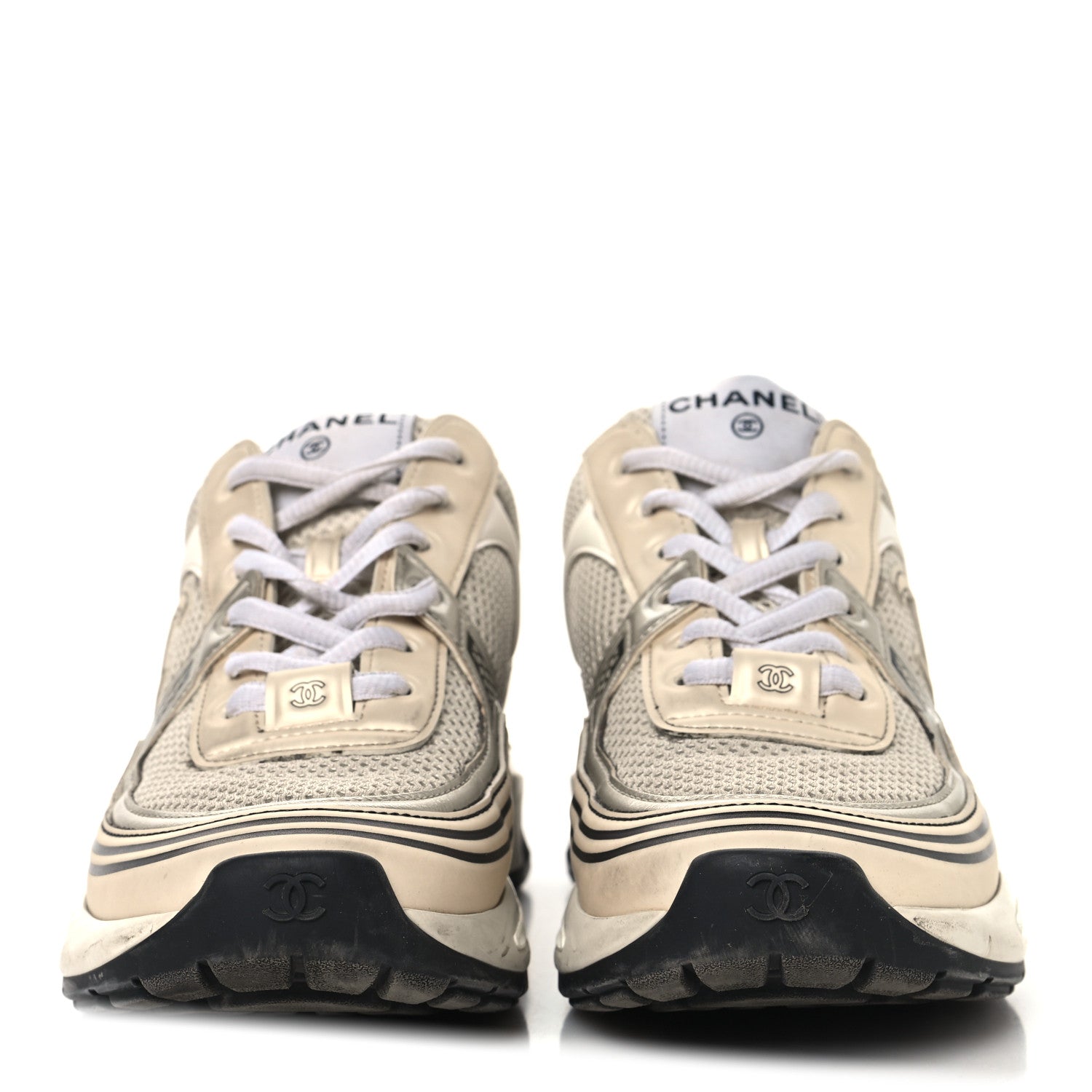 Chanel Fabric Laminated Calfskin Stretch CC Womens Sneakers 37 Ivory White Silver 3 of 9