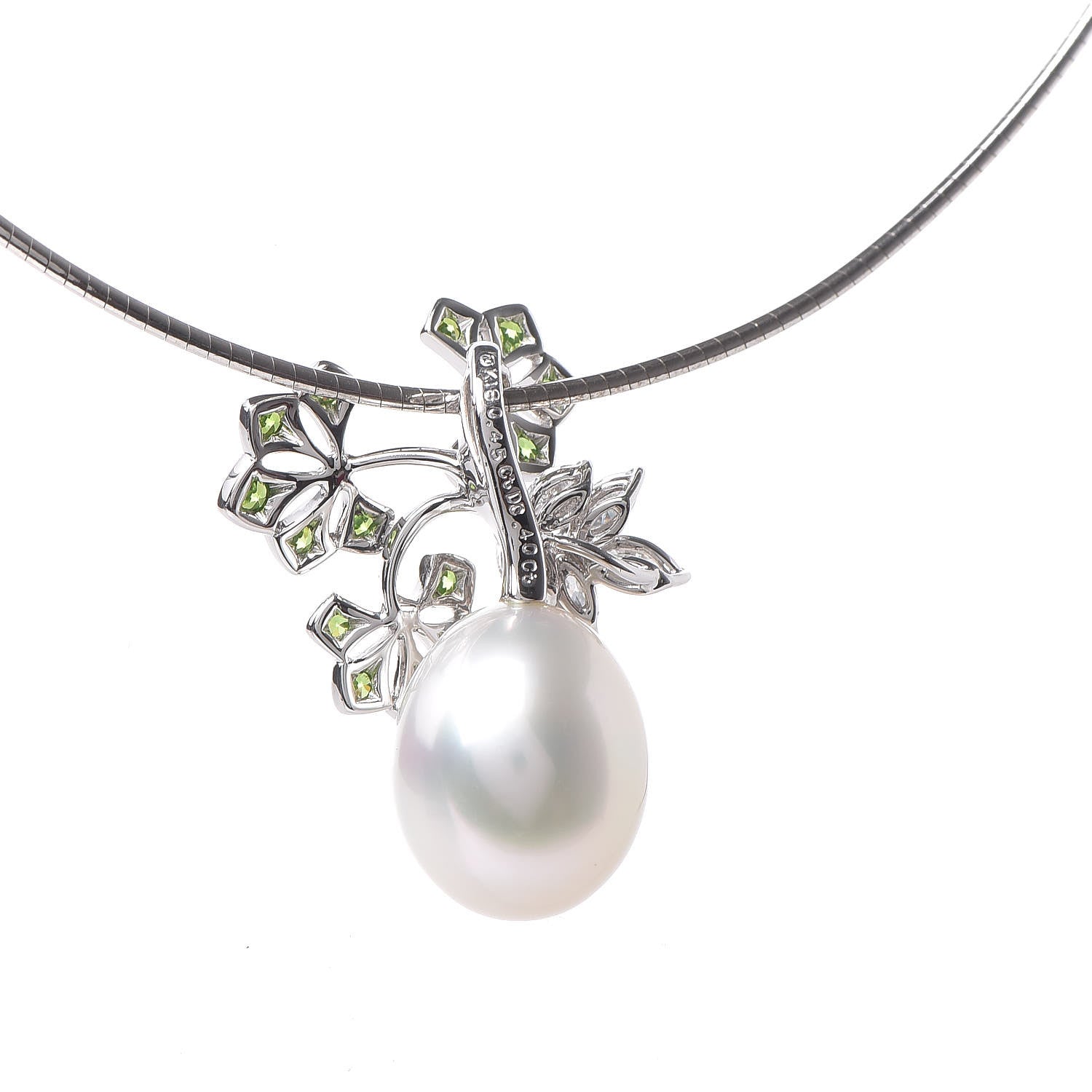 Mikimoto 18K White Gold Diamond Demantoid Garnet Akoya Pearl Flower Drop Pendant Necklace 5 of 6