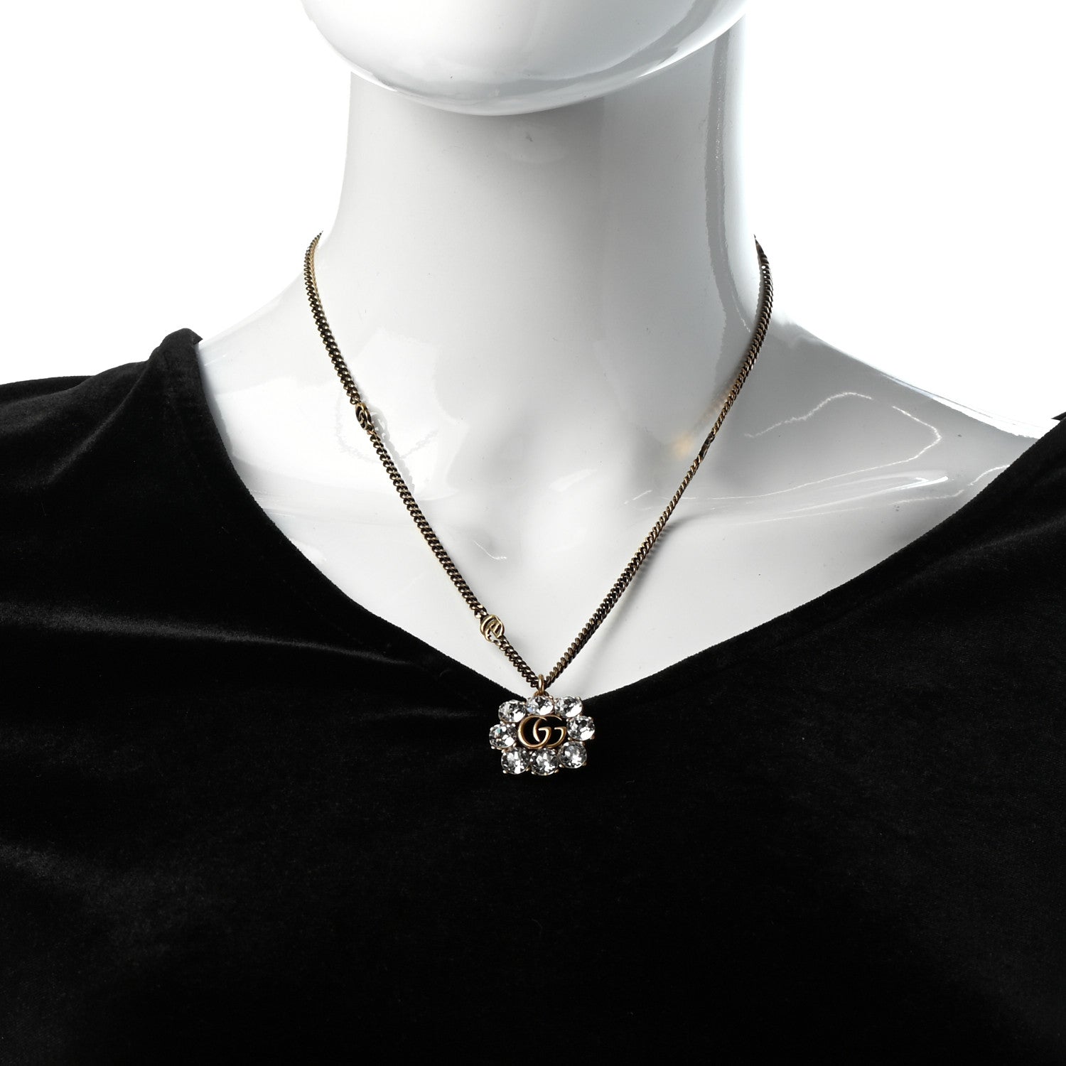 Gucci Crystal Embellished Double G Necklace Aged Gold 2 of 5