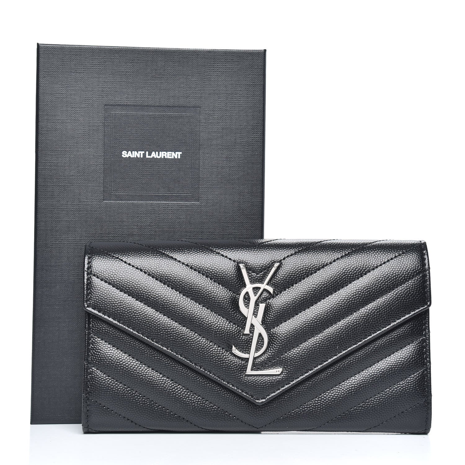 Saint Laurent Grain De Poudre Matelasse Chevron Monogram Flap Wallet Black 9 of 9