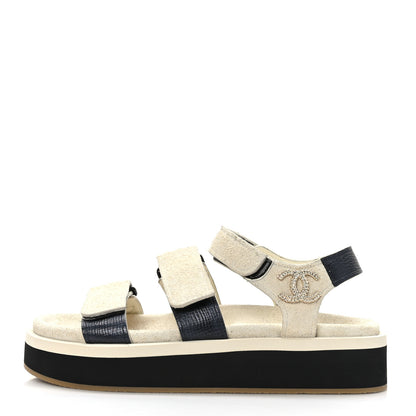 Chanel Suede Calfskin Velcro Flat Sandals 37 Ivory 1 of 8