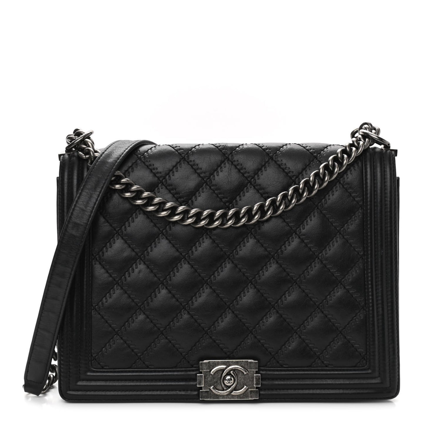 Calfskin Embossed Stitch Large Boy Flap Black