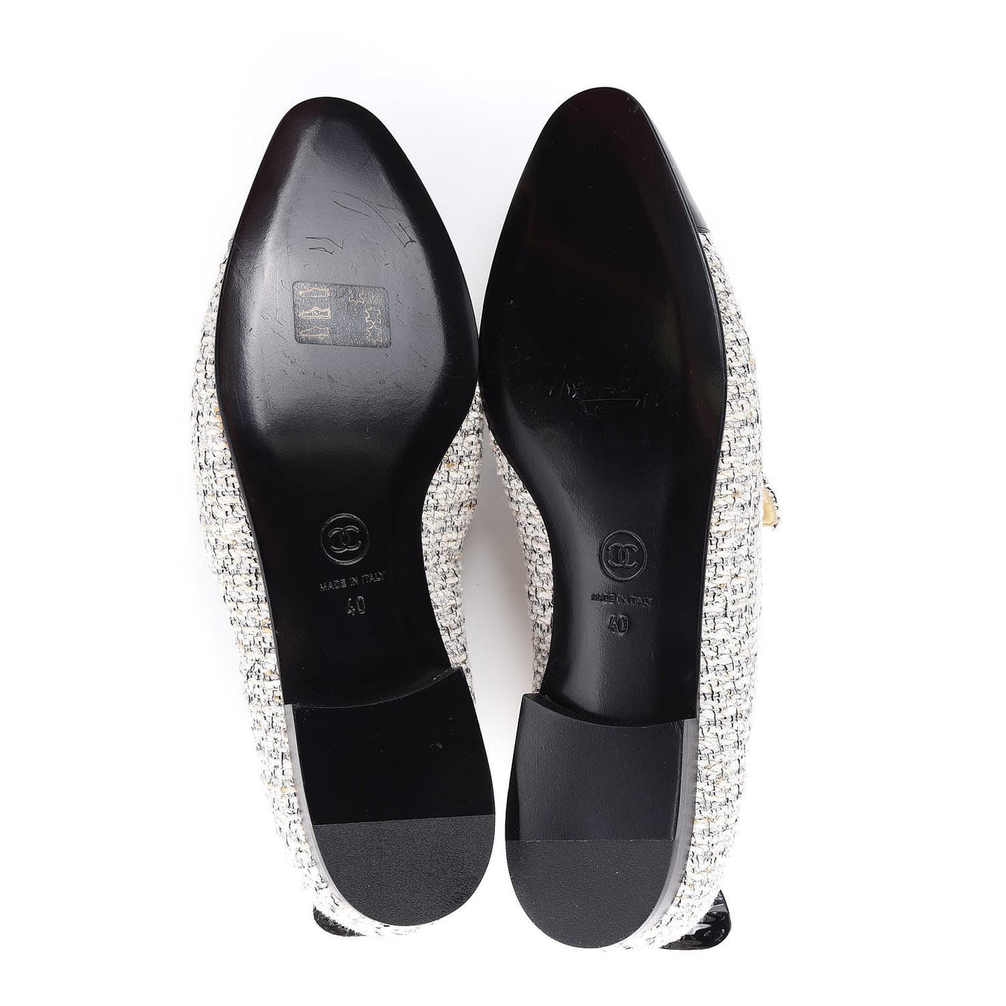 Tweed Patent Cap Toe Loafers 40 Ecru Black Gold