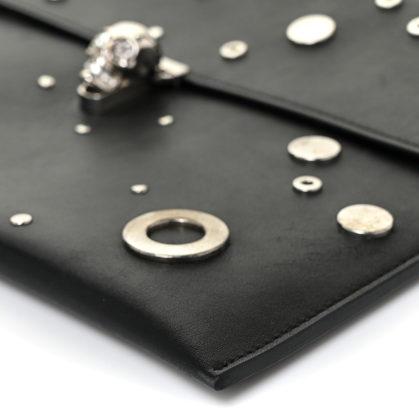 Calfskin Grommet Skull Envelope Clutch Black