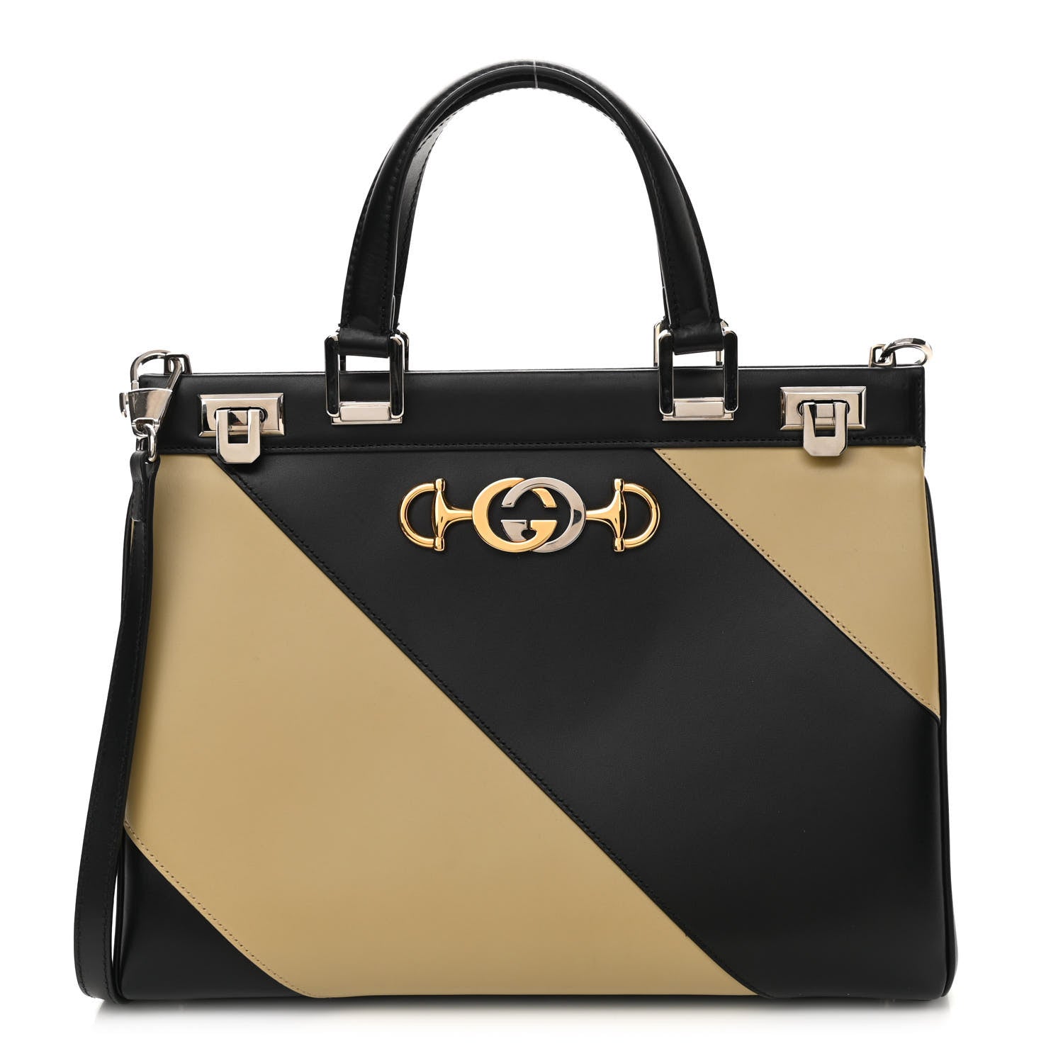 Gucci Smooth Calfskin Diagonal Striped Medium Zumi Top Handle Bag Black Beige 1 of 10