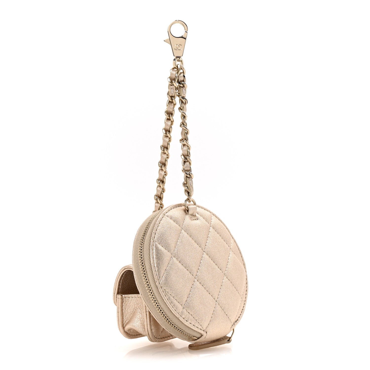 Chanel Metallic Lambskin Quilted Round Clip On Coin Purse Airpods Case Gold 3 of 8