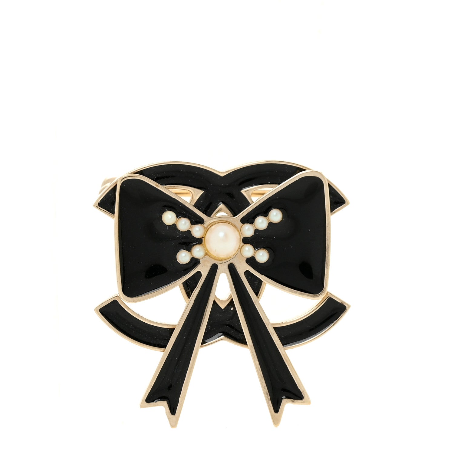 Chanel Metal Enamel Pearl CC Bow Brooch Black Gold 1 of 4