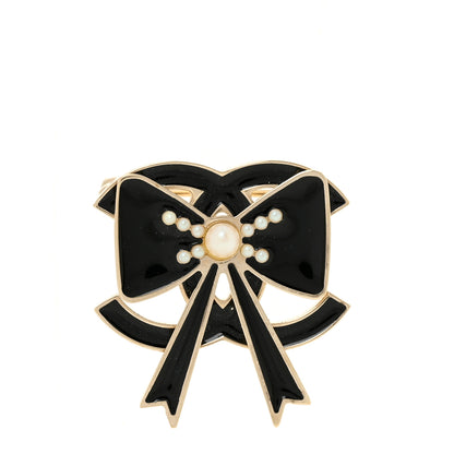 Chanel Metal Enamel Pearl CC Bow Brooch Black Gold 1 of 4