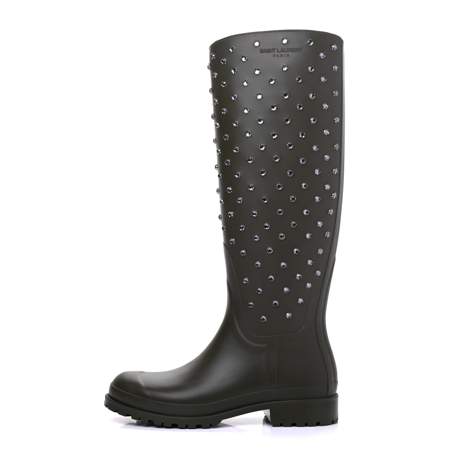 Saint Laurent Rubber Crystal Studded Festival Rain Boots 37 Dark Khaki 1 of 10